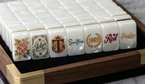 Pearl finish custom mahjong tiles presented in a wooden case