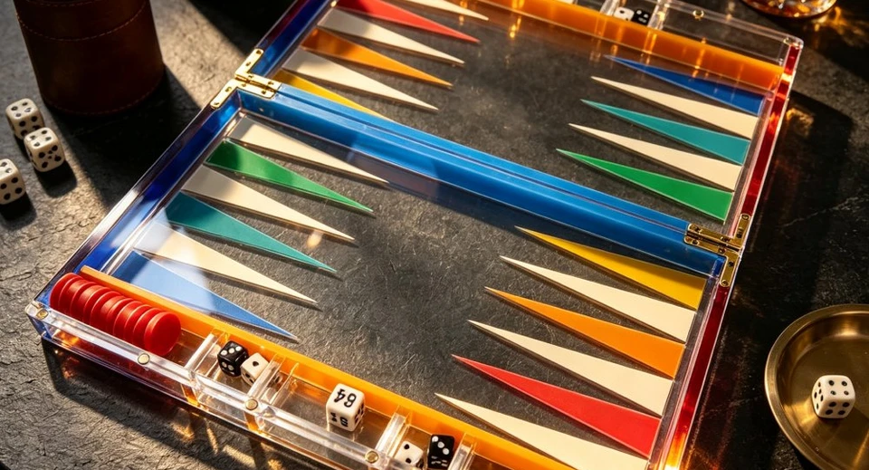 Acrylic backgammon set with custom colors and dice cups