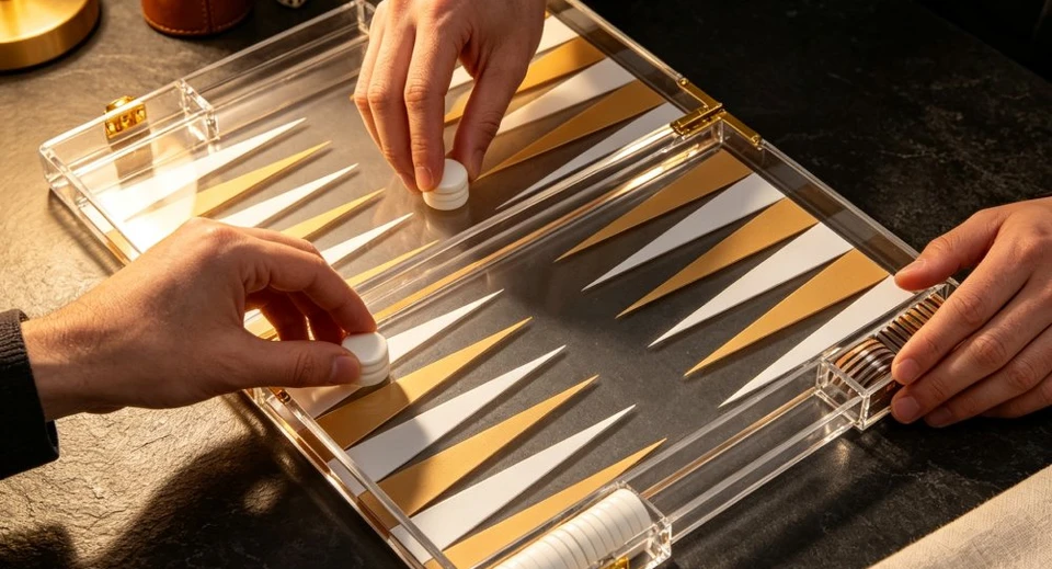 Luxury acrylic backgammon set on display