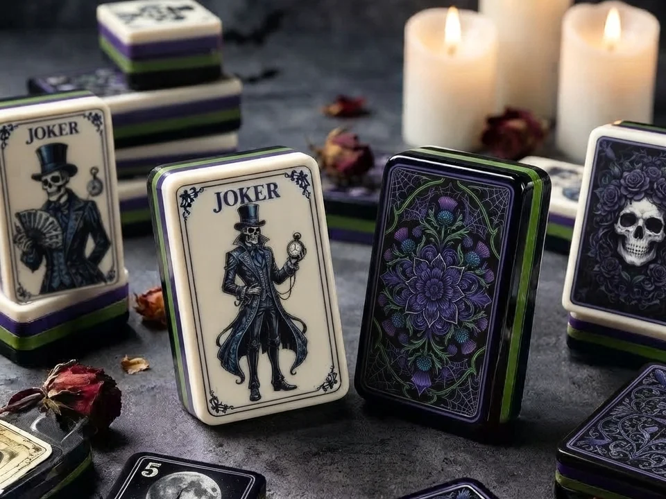 Gothic themed American mahjong tiles with skeleton joker designs