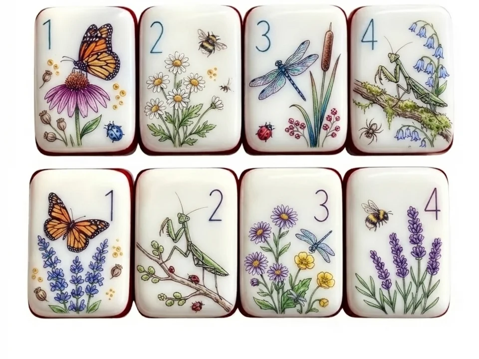 Botanical themed American mahjong tiles with butterfly and floral artwork