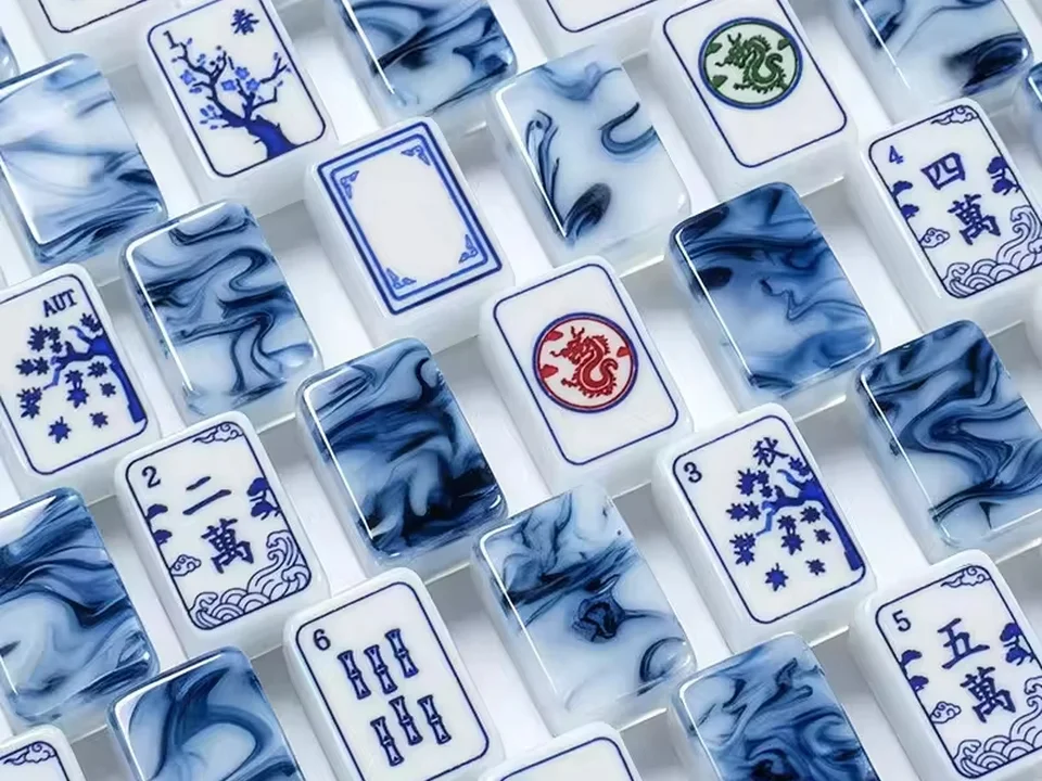 Blue marble effect pearl acrylic mahjong tiles