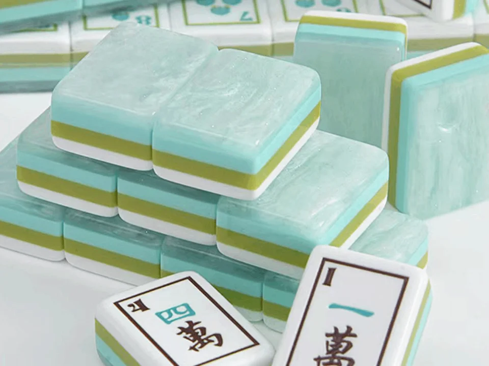Layered pearl effect acrylic mahjong tiles in mint and olive colors