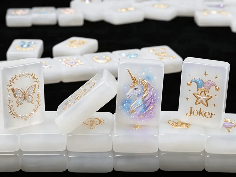 Pearl acrylic mahjong tiles with custom unicorn and butterfly artwork