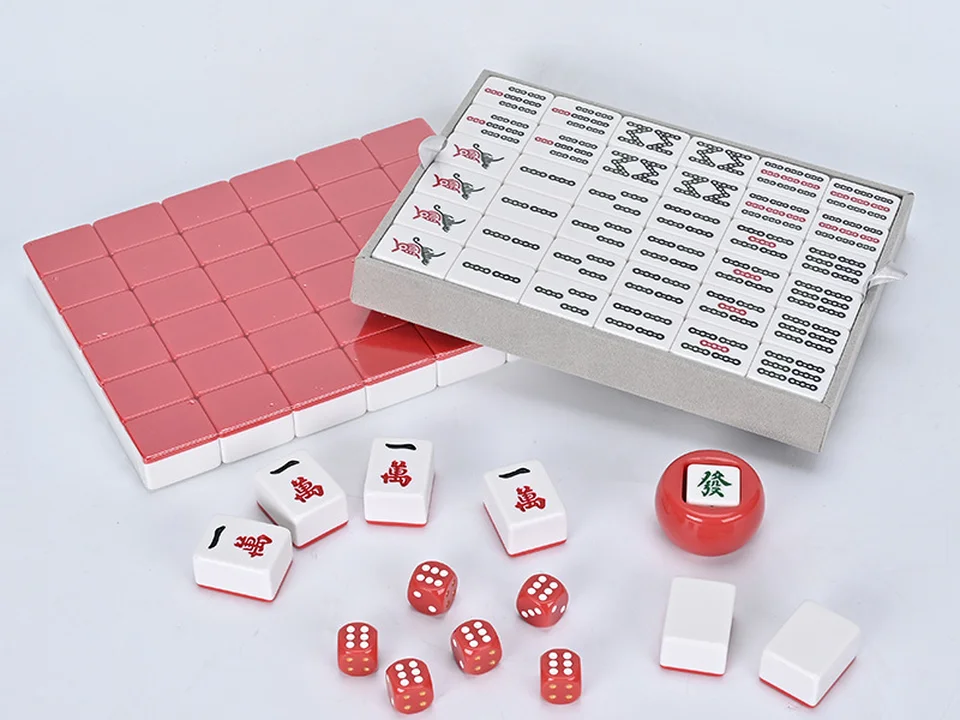 Taiwan style acrylic mahjong set with red tiles and dice