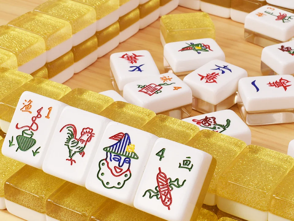 Golden Singapore style Chinese mahjong tiles with flower designs