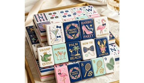 Luxury custom mahjong set in velvet case with gold city skyline design