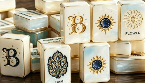 Gold-accented designer mahjong tiles with sun and letter motifs